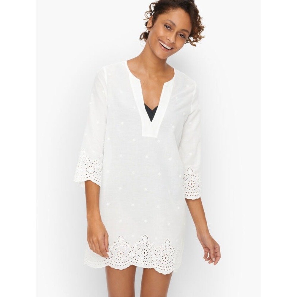 Talbots Cotton Eyelet Lace Tunic Dress Split V-Neck Scallop Hem White Medium